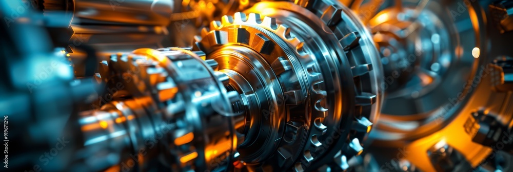 Poster a close-up of intricate gears meshing, symbolizing precision, efficiency, power, complexity, and col