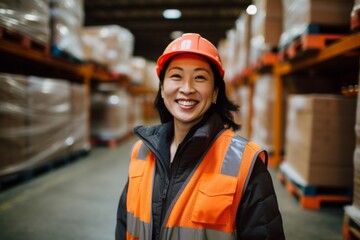 Portrait of a smiling middle aged female warehouse worker