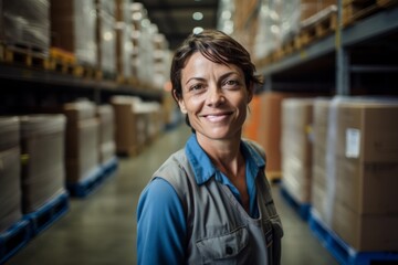 Fototapeta premium Portrait of a smiling middle aged female warehouse worker