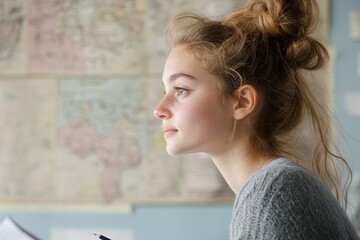 Historical Study Session: Student Taking Notes in History Class with Vintage Maps in Background