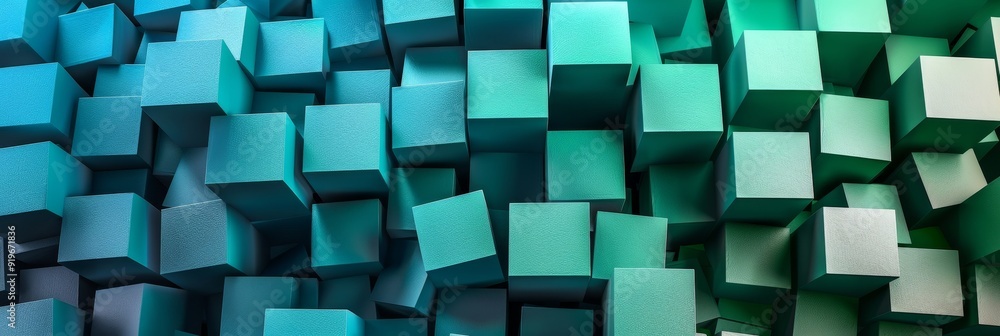 Poster a chaotic arrangement of blue and green cubes, representing concepts of order within chaos, complexi