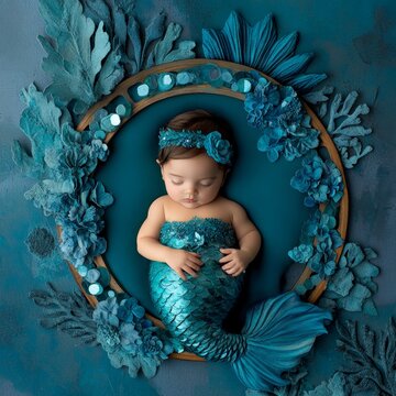 Serene Newborn Mermaid Asleep Amidst Aquatic Decor on Teal Background