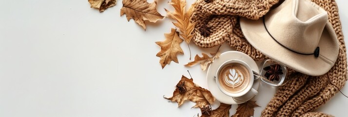 Obraz premium A cup of latte art coffee, a cozy knitted scarf, a fedora hat, and autumn leaves symbolize warmth, comfort, fall season, and relaxation.