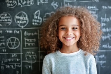 Happy Student with Math Equations on Chalkboard