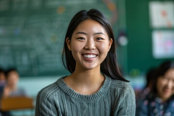 Portrait of a young smiling female teacher classroom