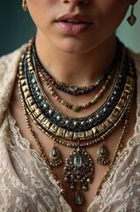 Close-up shot of a woman adorned with multiple ornate layered necklaces, showcasing intricate details and beads, paired with a delicate lace dress.
