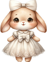 A cute rabbit wearing a white dress and a bow