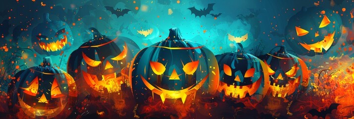 A group of carved pumpkins with glowing eyes and sinister grins, illuminated by flickering flames and surrounded by bats flying in a dark, eerie forest.