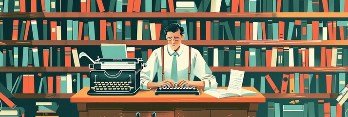 A man sits at a desk in front of a bookshelf, typing on a vintage typewriter. The scene represents creativity, writing, storytelling, and knowledge.