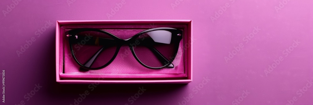 Sticker a pair of black sunglasses with a cat-eye shape, lying in a pink box, showcasing a minimalist and el