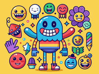 Abstract shapes characters. Hand drawn colorful amorphous mascots with different emotions. Stickers with faces, funny emoji, funny avatars. Vector set
