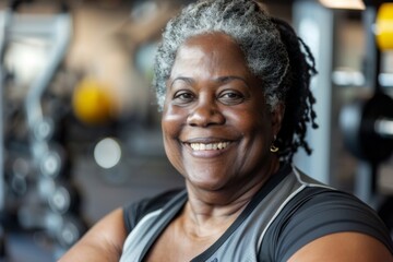 Naklejka premium Smiling portrait of a middle aged slightly overweight black woman in gym