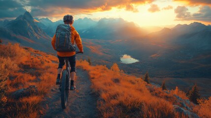 Mountain Biker on a Scenic Trail at Sunrise, Overlooking a Stunning Valley and Distant Peaks, Capturing the Spirit of Adventure and Freedom in Nature
