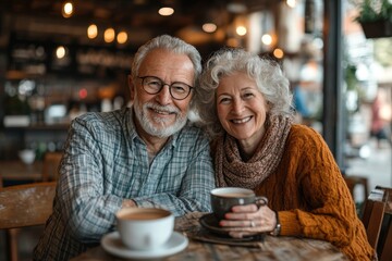 Happy senior couple having coffee together in a cafe, Generative AI