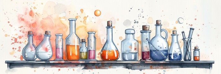 A vibrant watercolor illustration featuring a collection of various laboratory bottles and flasks, symbolizing scientific discovery, chemical experimentation, and the pursuit of knowledge.