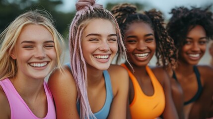 Fototapeta premium Sports, fitness and friendship: Group of young women laughing happily, dressed in sportswear, Generative AI