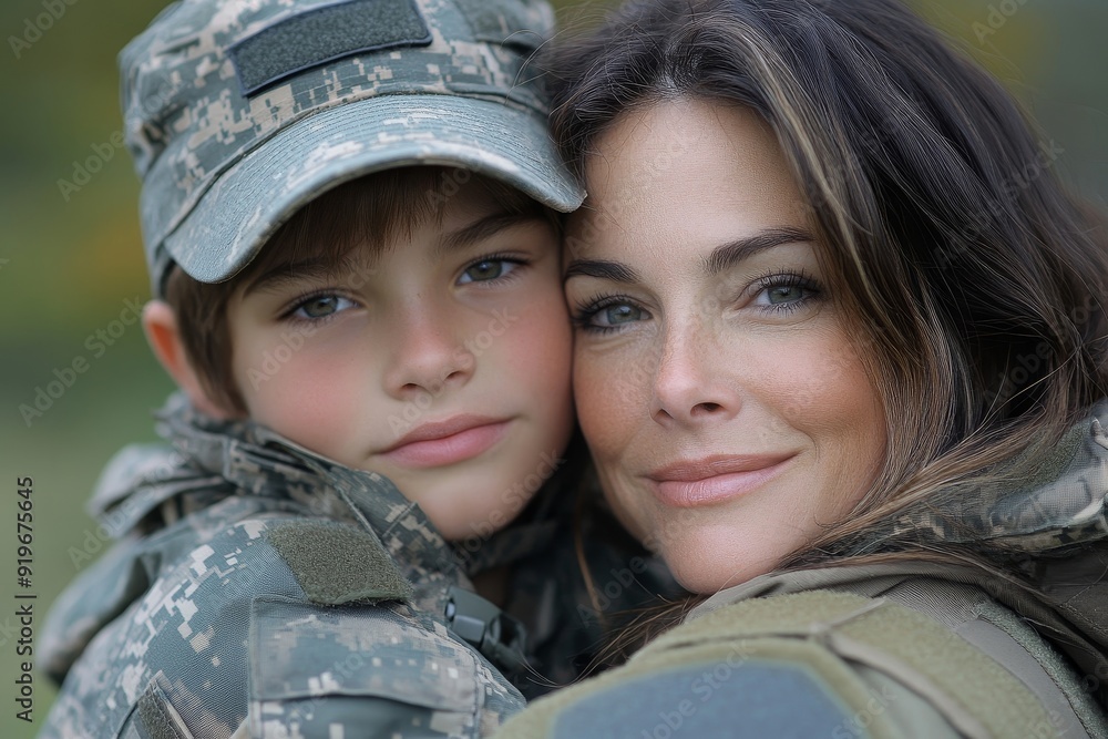 Wall mural mother and son reuniting after military deployment, generative ai