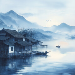 Fototapeta premium A serene ink painting of distant hills Asian style, reflected in the calm waters of a lake. A solitary fisherman floats on a wooden boat