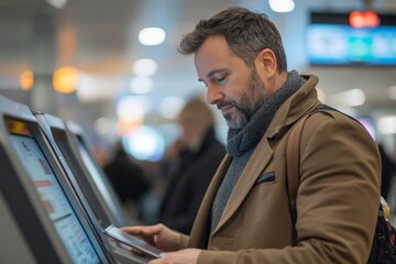Ground attendant helping business traveler in self check in, Generative AI
