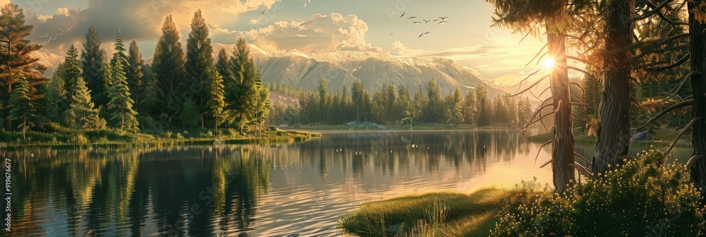 Poster the image depicts a serene lakeside scene with a mountain range in the distance, reflecting the gold