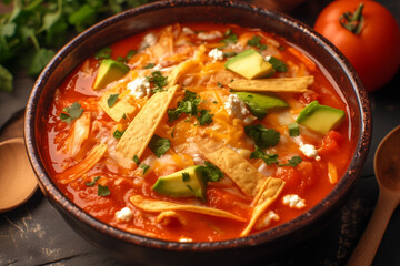 flavorful sopa de tortilla with a spicy tomato broth, garnished with avocado, cheese, and cilantro
