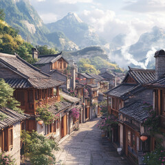 Fototapeta premium A historic town with traditional Asian houses, featuring ancient architectural details, Japan, China, Thailand and nature