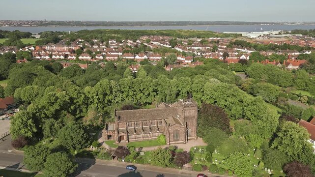 Aerial view of Christchurch church in English village of Port Sunlight, Wirral, England