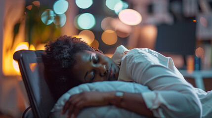 Obraz premium A woman sleeps soundly at her desk, her head resting on her arm, symbolizing exhaustion, stress, overwork, burnout, and the need for rest.