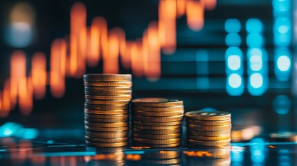 Business finance and investment concepts focusing on capital gain world money economic growth coin stacks financial graph charts and market reports on cash currency