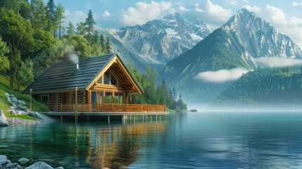 Fototapeta premium Cabin by the Mountain Lake