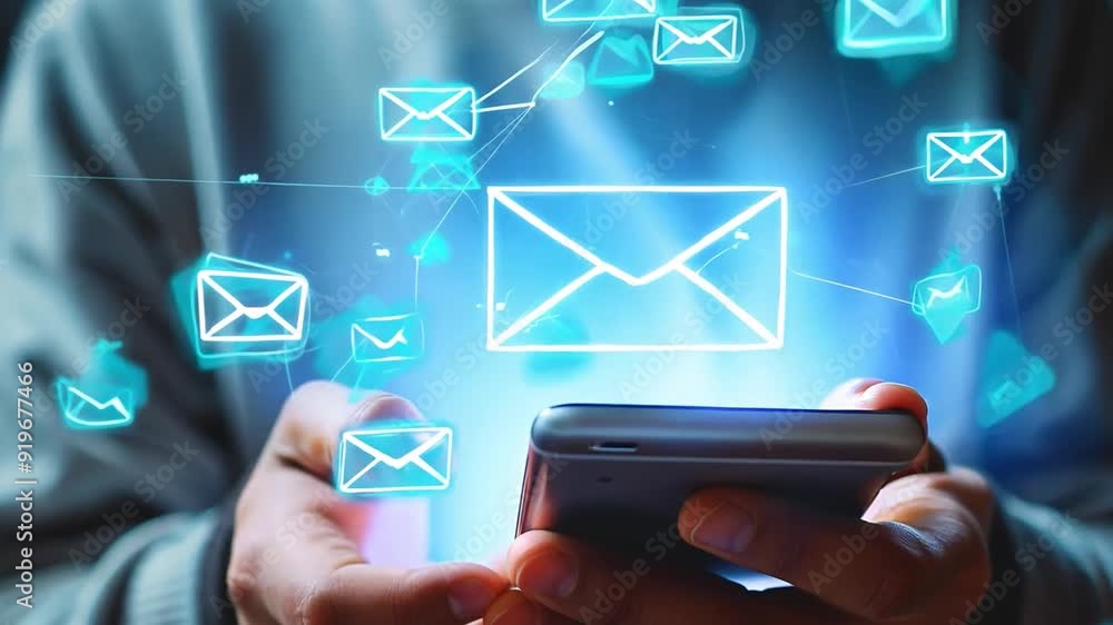 Poster a man interacts with a smartphone as glowing email icons appear around them, highlighting digital co