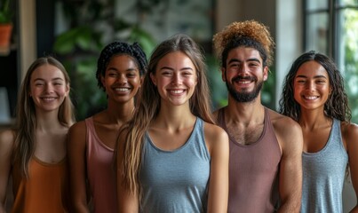 Fototapeta premium Group of happy friends standing together in a yoga studio, Generative AI