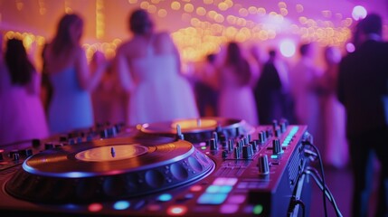 A DJ booth equipped with turntables and vibrant lighting is featured, creating an energetic atmosphere for a celebration with guests dancing in the background.