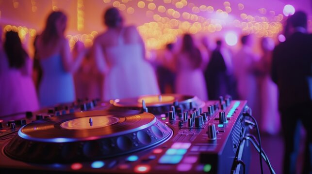 A DJ booth equipped with turntables and vibrant lighting is featured, creating an energetic atmosphere for a celebration with guests dancing in the background.
