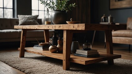 Wooden table with modern home goods, unique home decoration store