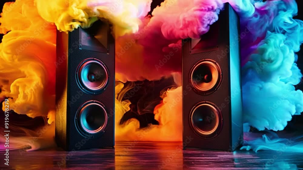 Poster brightly colored smoke swirls around two tall speakers, creating a dynamic visual during a nighttime