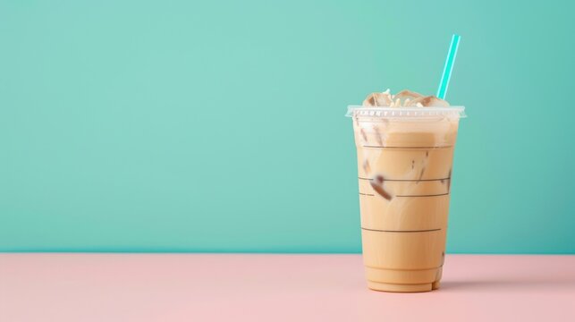Iced Coffee in a Plastic Cup on Pink and Turquoise Background