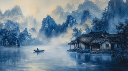 Fototapeta premium A serene ink painting of distant hills Asian style, reflected in the calm waters of a lake. A solitary fisherman floats on a wooden boat