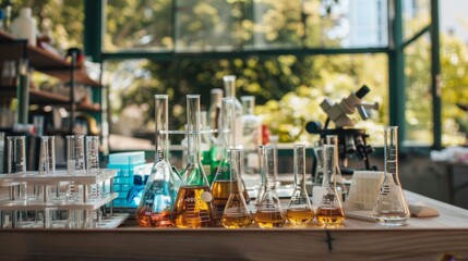 A close-up of a laboratory table with beakers filled with colorful liquids, a microscope, and test tubes. The beakers represent scientific research, discovery, and innovation.
