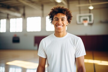 Portrait of a smiling male African American teenager in basketball gym