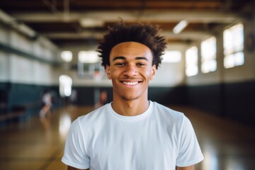 Fototapeta premium Portrait of a smiling male African American teenager in basketball gym