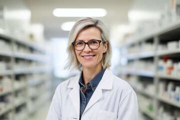 Fototapeta premium Smiling portrait of a middle aged female pharmacy worker