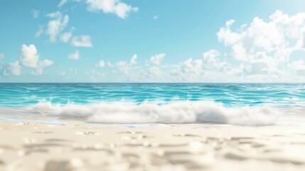 Obraz premium Blurry ocean background with a sandy shore for product display on a sunny day.