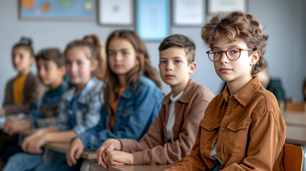 A group of schoolchildren attentively listening and sitting at their desks in a classroom, engaged in a lesson. students are wearing casual clothes, and one is in focus wearing glasses - Generative AI