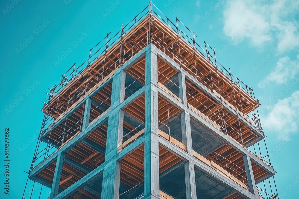 Poster a large building framework is being constructed with scaffolding