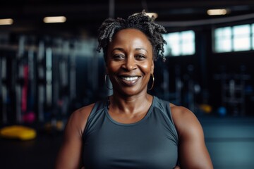 Fototapeta premium Smiling portrait of a slightly overweight middle aged woman in gym