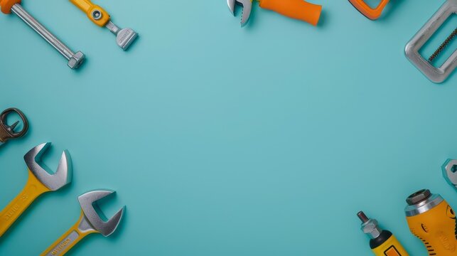 A flat lay image of various tools arranged in a border on a blue background, symbolizing  DIY, construction, repair, maintenance, and craftsmanship.