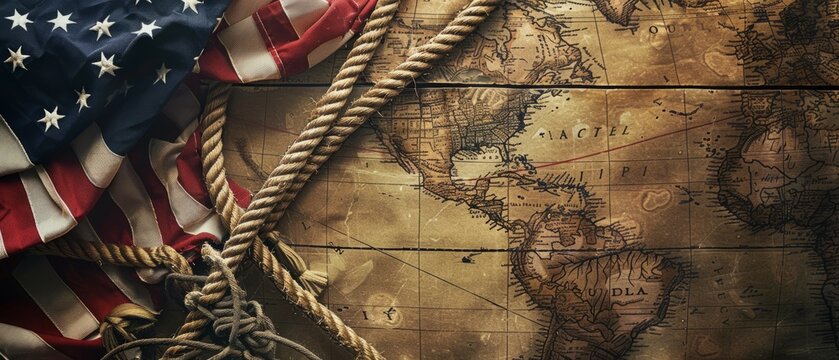 American flag, compass, and rope on treasure map on the table for Colombus Day