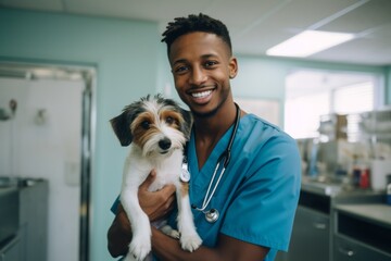 Portrait of a smiling male veterinarian holding dog