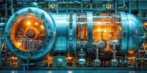 Fototapeta premium A large industrial transformer with a glowing, illuminated interior